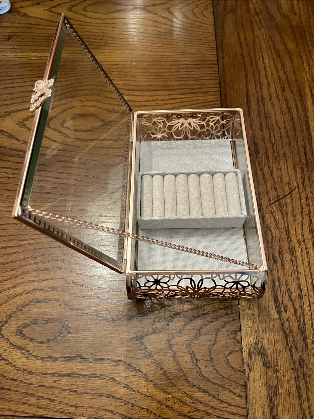 Rachel Ashwell Glass Jewelry Display Box with Rose Gold Trim and Gray Lining